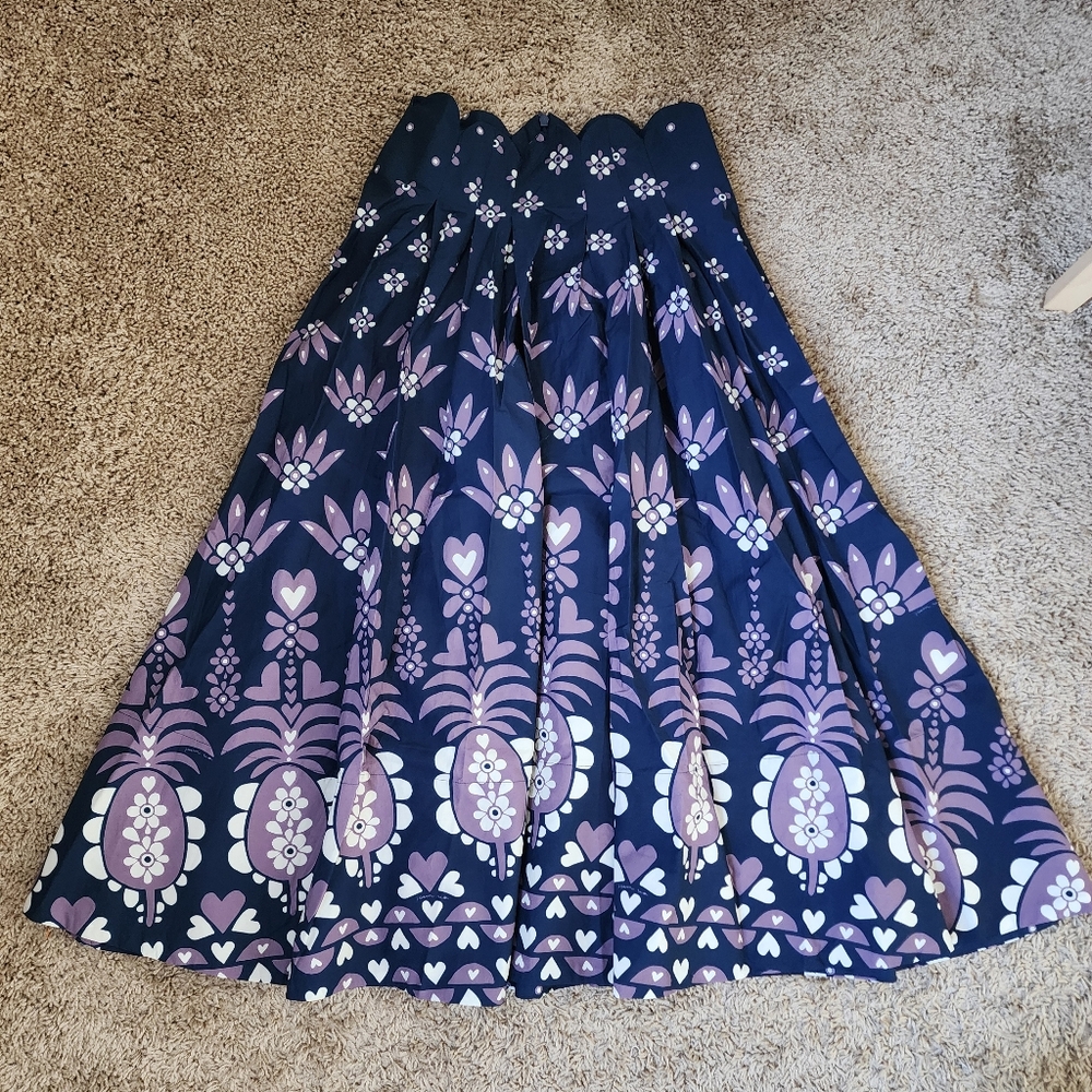 FARM Rio Anika Martina Purple Blue White Heart Floral Pleated Midi Skirt Small